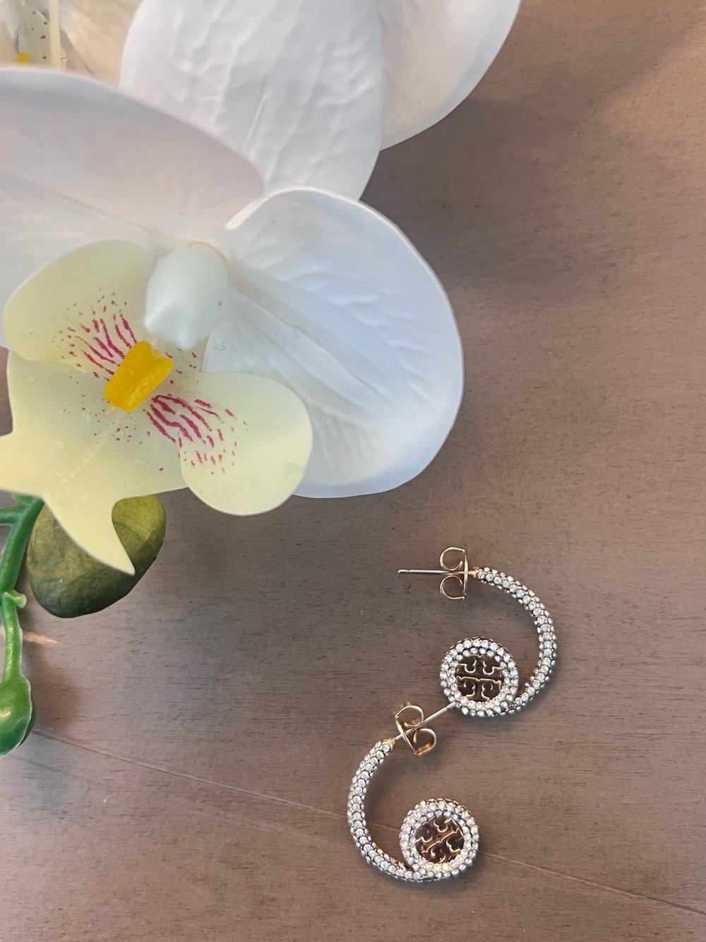 Tory Burch Gold Logo Crystal Crescent Stud Earrings